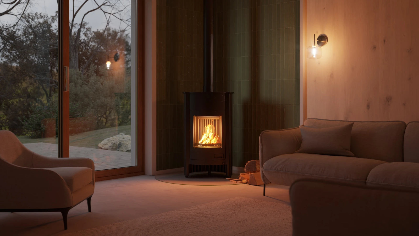 HS Flamingo Masterflamme Grande in moderne woonkamer met brandend vuur