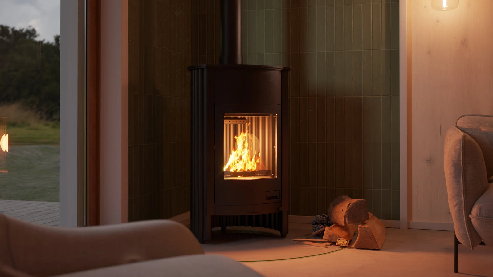 HS Flamingo Masterflamme Grande in woonkamer met brandend vuur