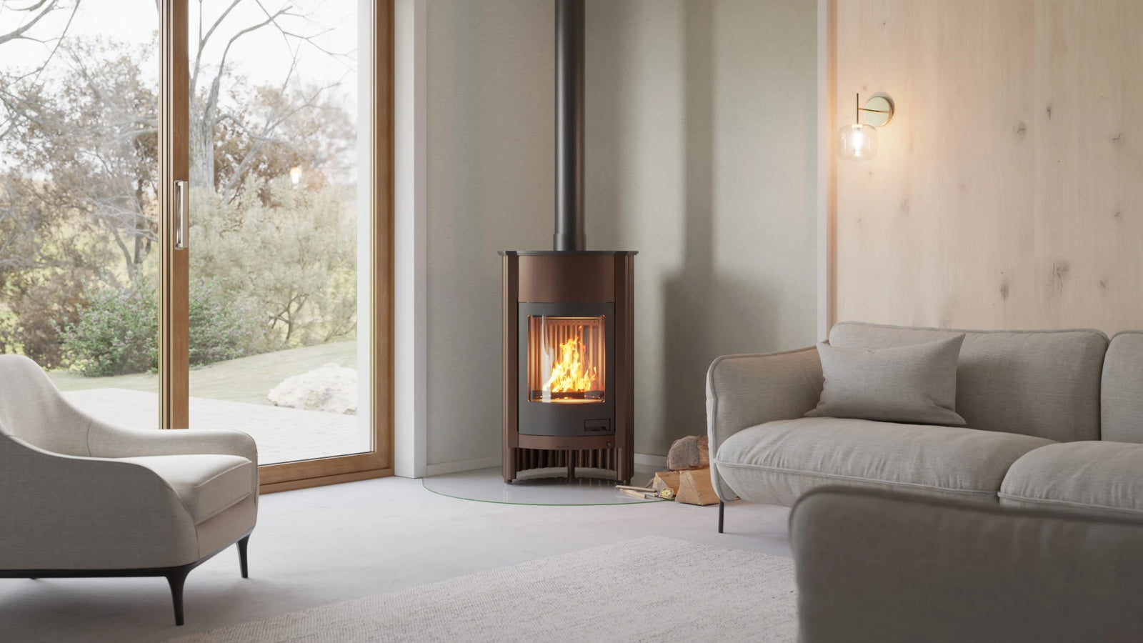 HS Flamingo Masterflamme Grande in moderne woonkamer met brandend vuur