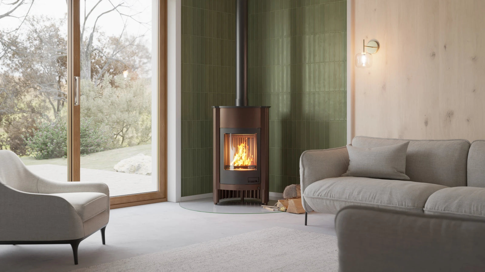 HS Flamingo Masterflamme Grande in moderne woonkamer met brandend vuur