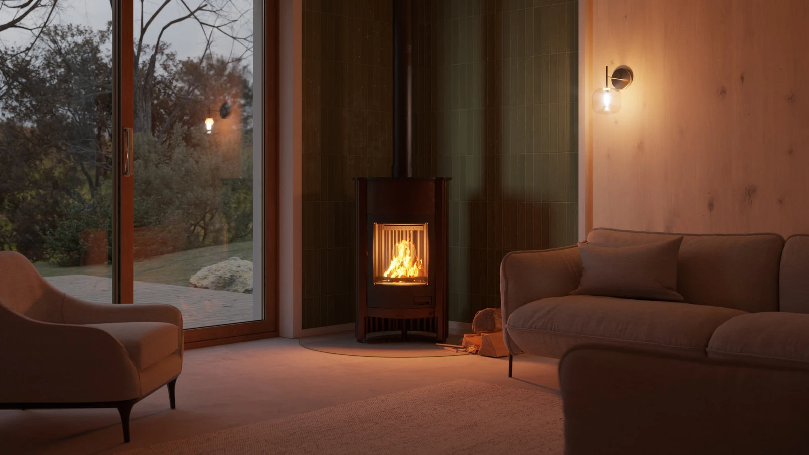 HS Flamingo Masterflamme Grande in een moderne woonkamer met brandend vuur