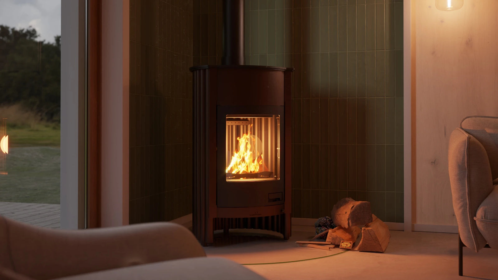 HS Flamingo Masterflamme Grande in moderne woonkamer met brandend vuur
