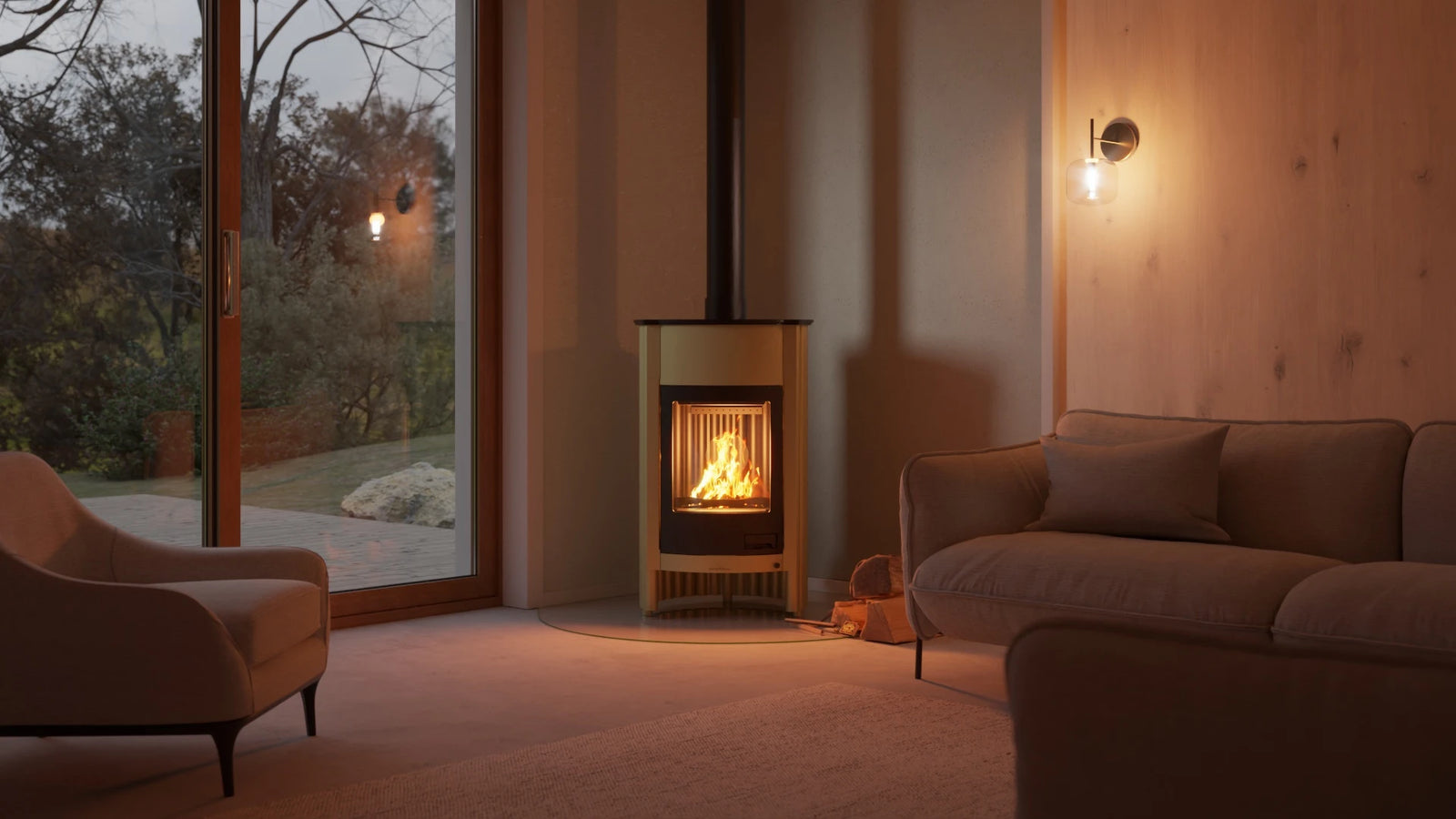 HS Flamingo Masterflamme Grande in een moderne woonkamer met brandend vuur
