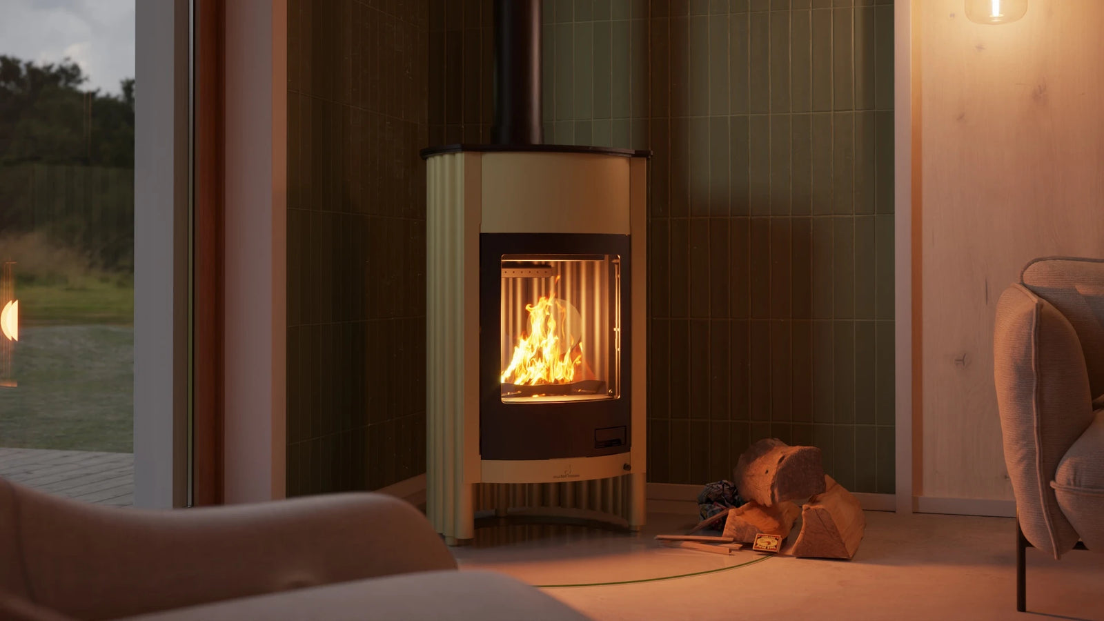 HS Flamingo Masterflamme Grande houtkachel in moderne woonkamer met brandend vuur