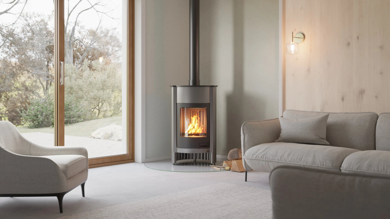 HS Flamingo Masterflamme Grande in moderne woonkamer met brandend vuur