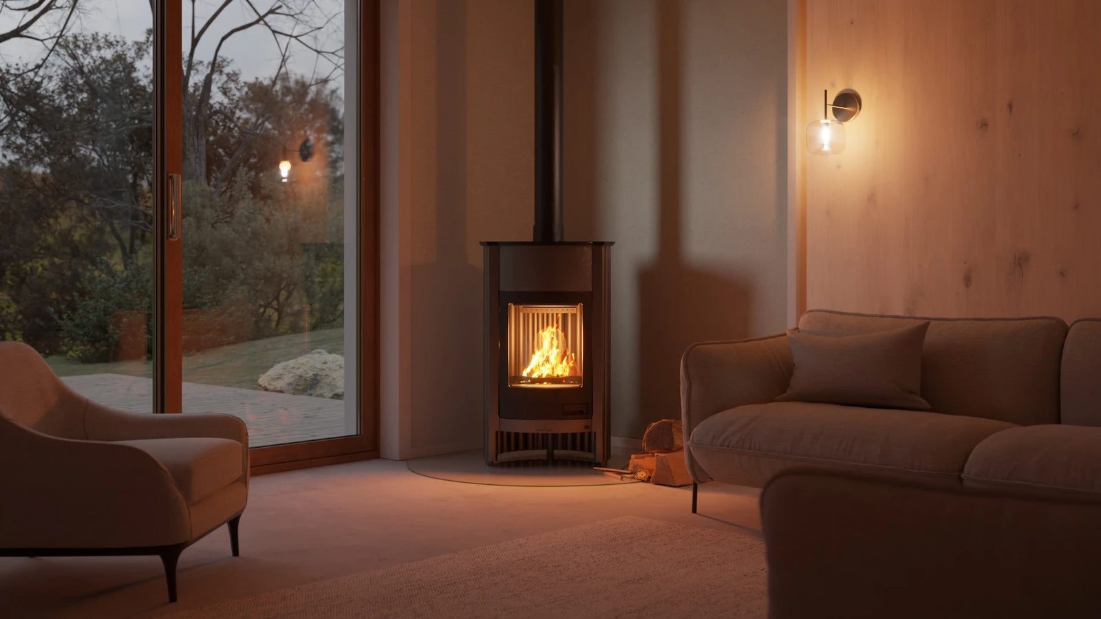 HS Flamingo Masterflamme Grande in moderne woonkamer met brandend vuur