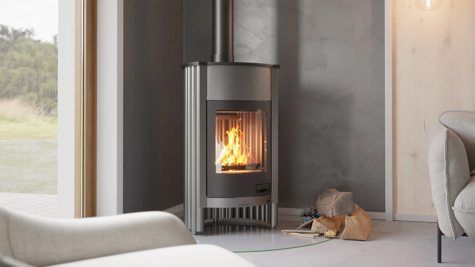 HS Flamingo Masterflamme Grande kachel in moderne woonkamer met brandend vuur