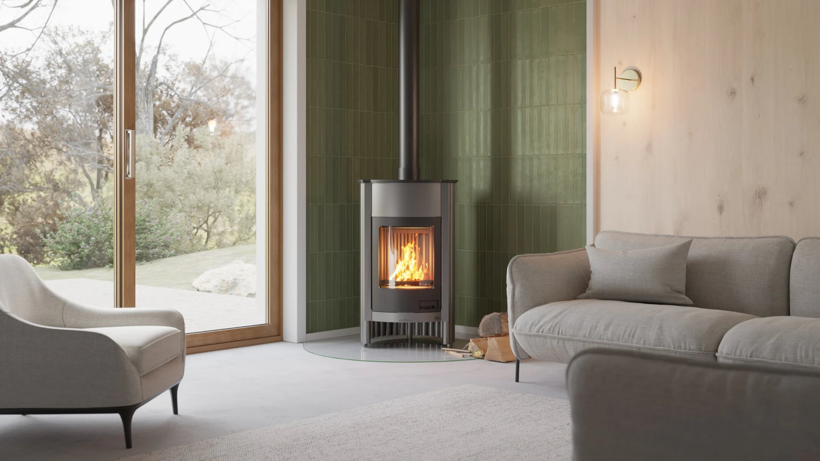 HS Flamingo Masterflamme Grande houtkachel in moderne woonkamer met brandend vuur