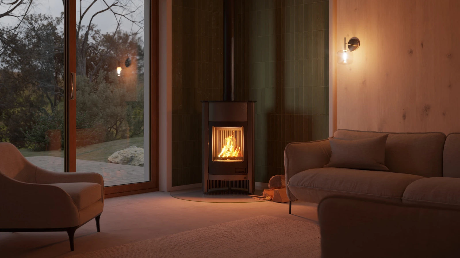 HS Flamingo Masterflamme Grande in moderne woonkamer met brandend vuur