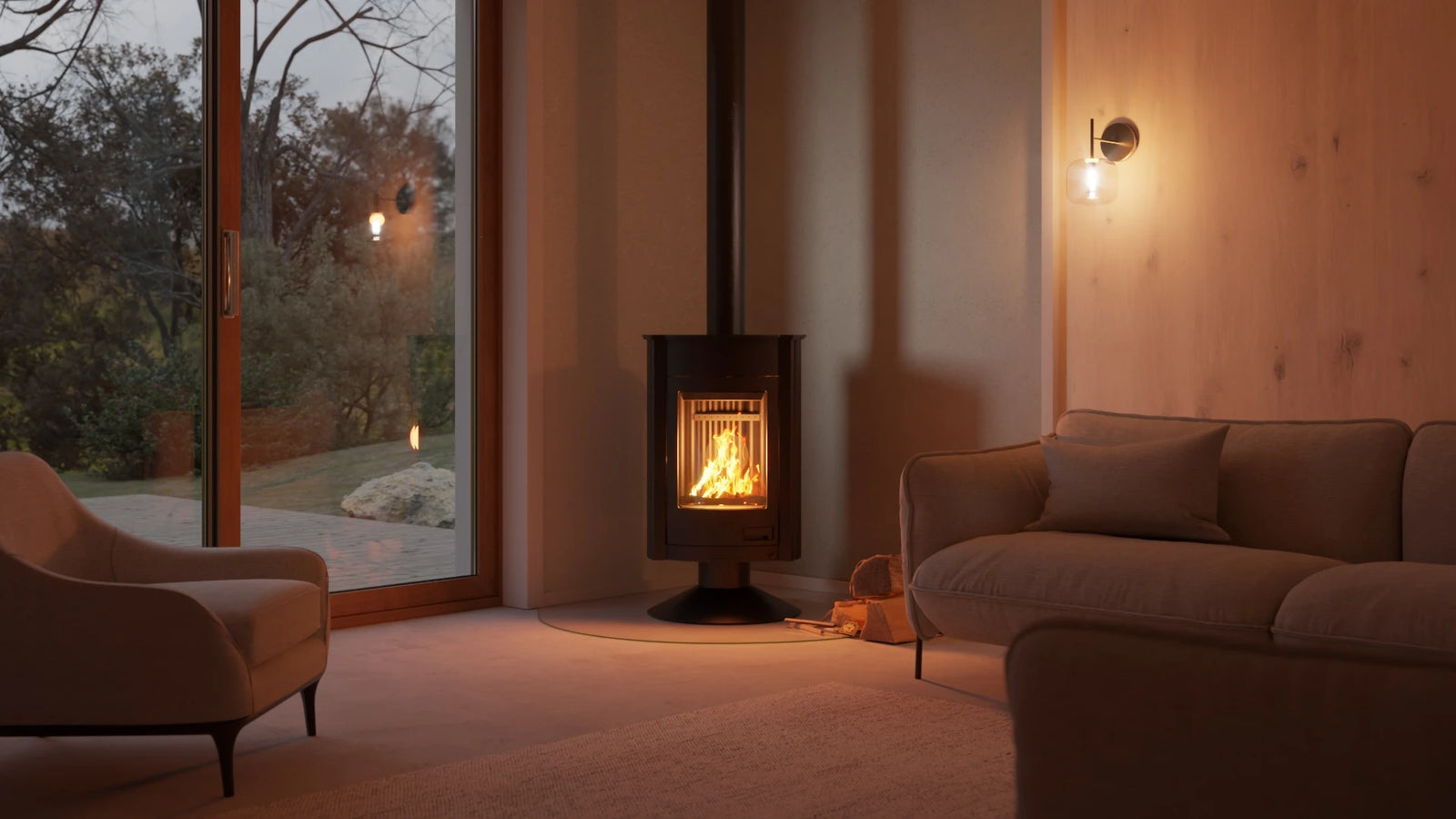 HS Flamingo Masterflamme Medie in moderne woonkamer met brandend vuur