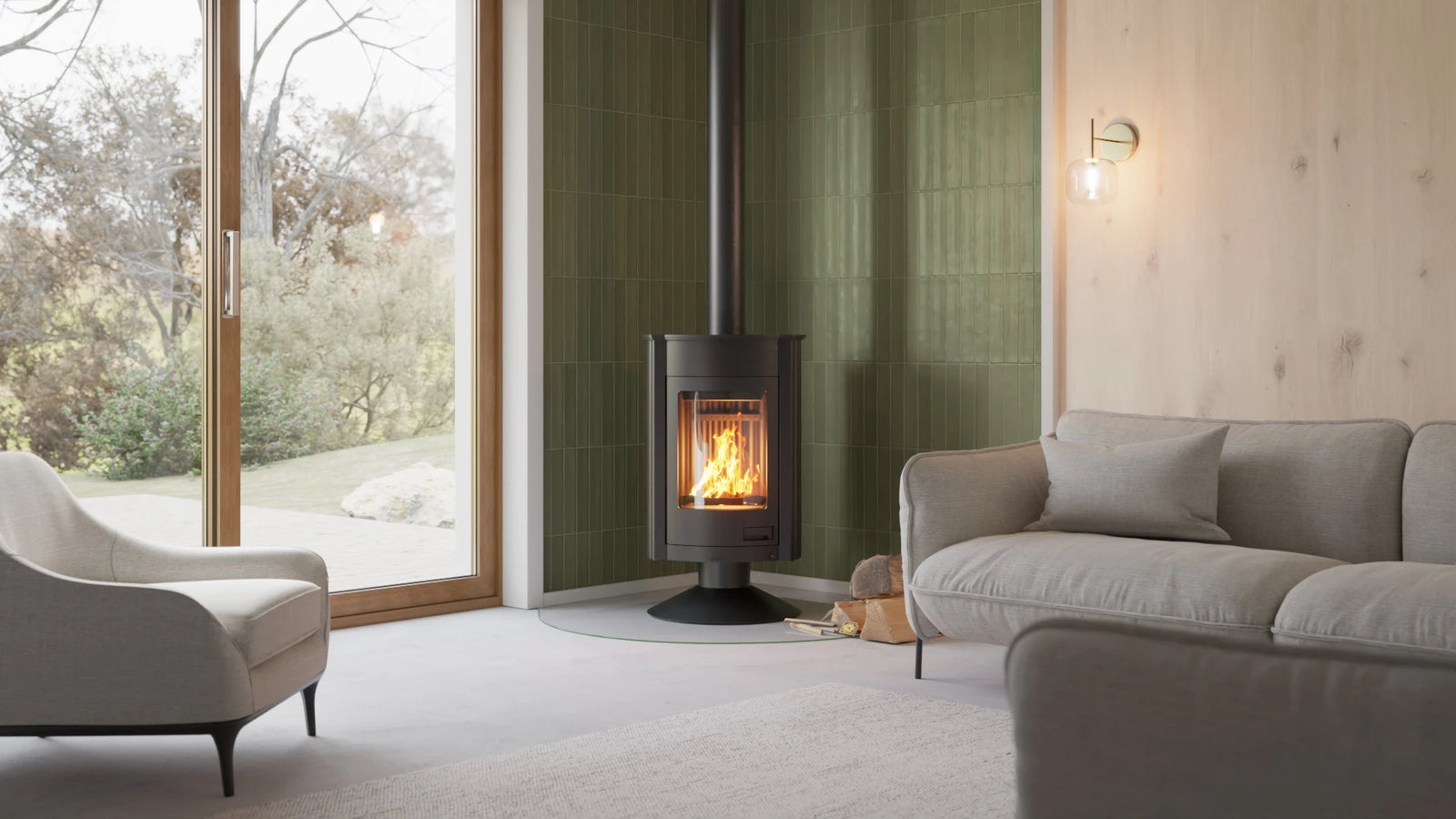 HS Flamingo Masterflamme Medie houtkachel in moderne woonkamer met groene wandtegels
