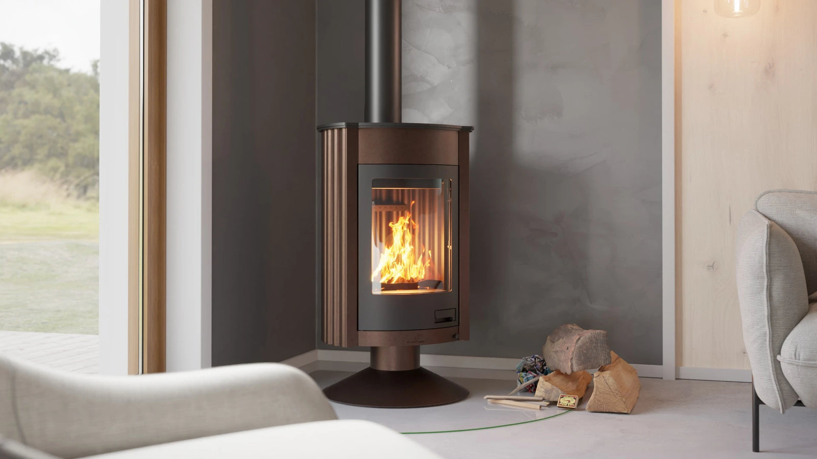 HS Flamingo Masterflamme Medie in moderne woonkamer met brandend vuur
