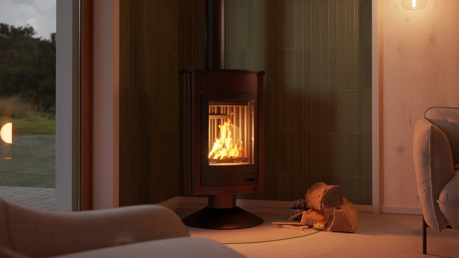 HS Flamingo Masterflamme Medie in moderne woonkamer met brandend vuur