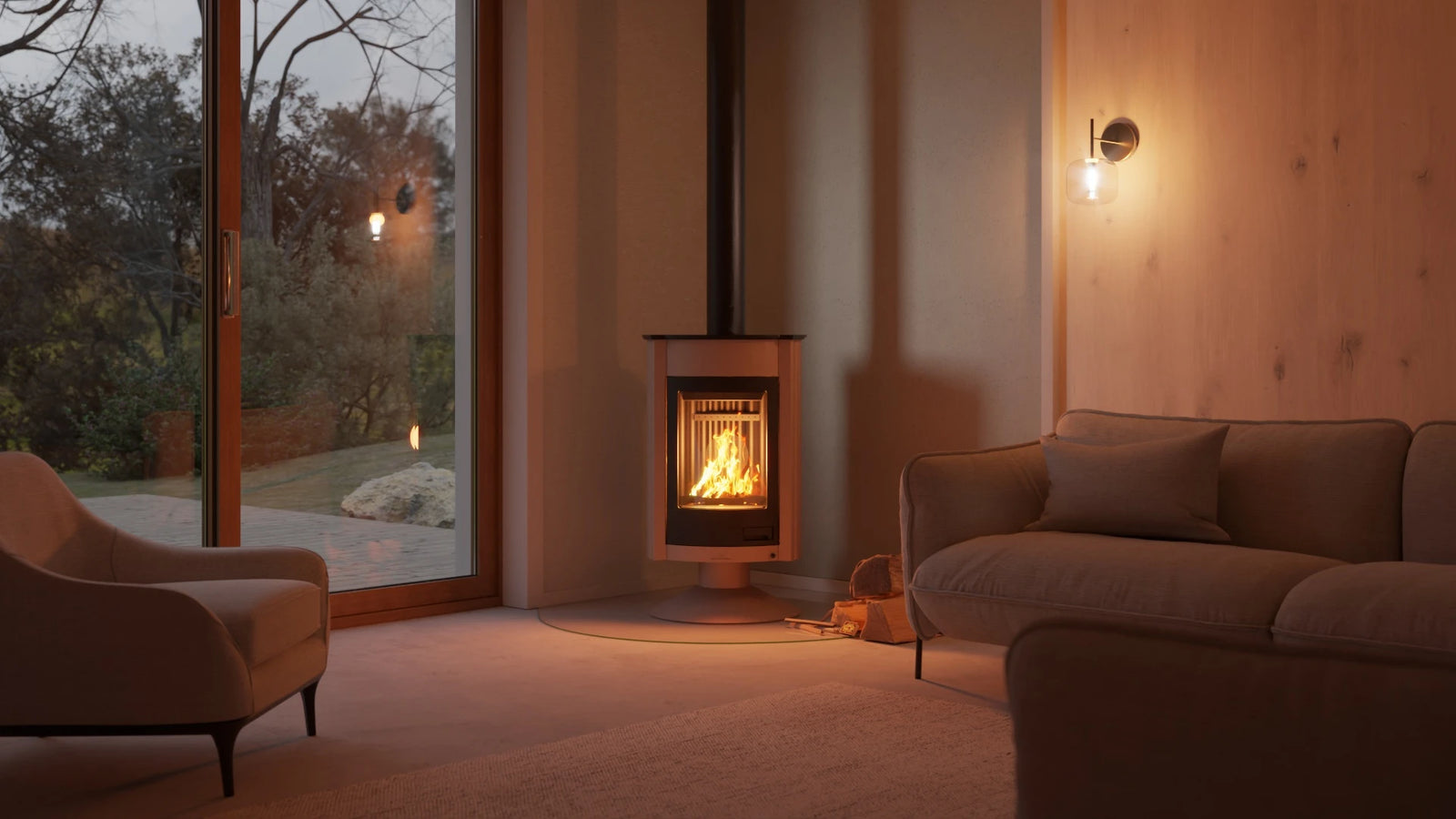 HS Flamingo Masterflamme Medie kachel in moderne woonkamer met brandend vuur