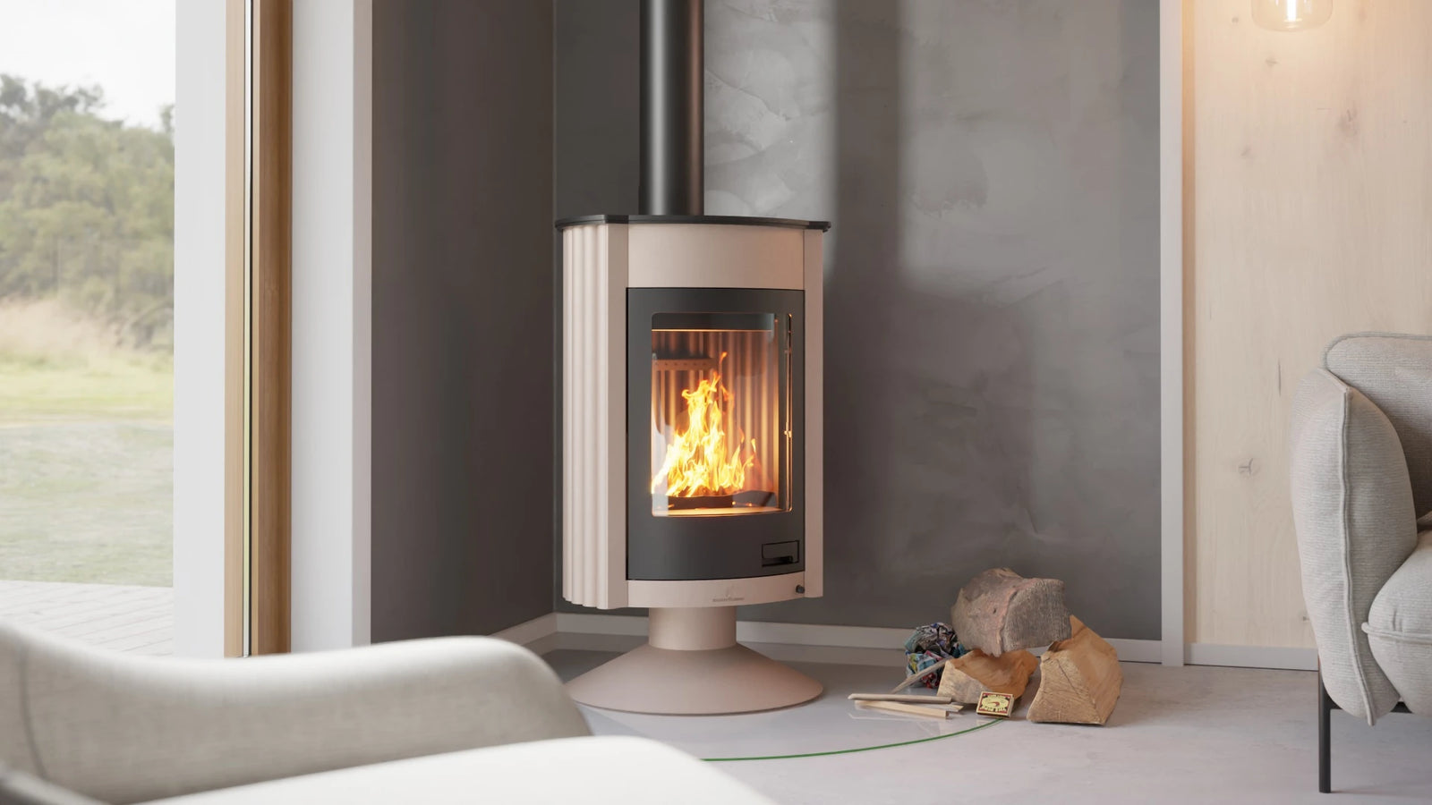 HS Flamingo Masterflamme Medie houtkachel in moderne woonkamer
