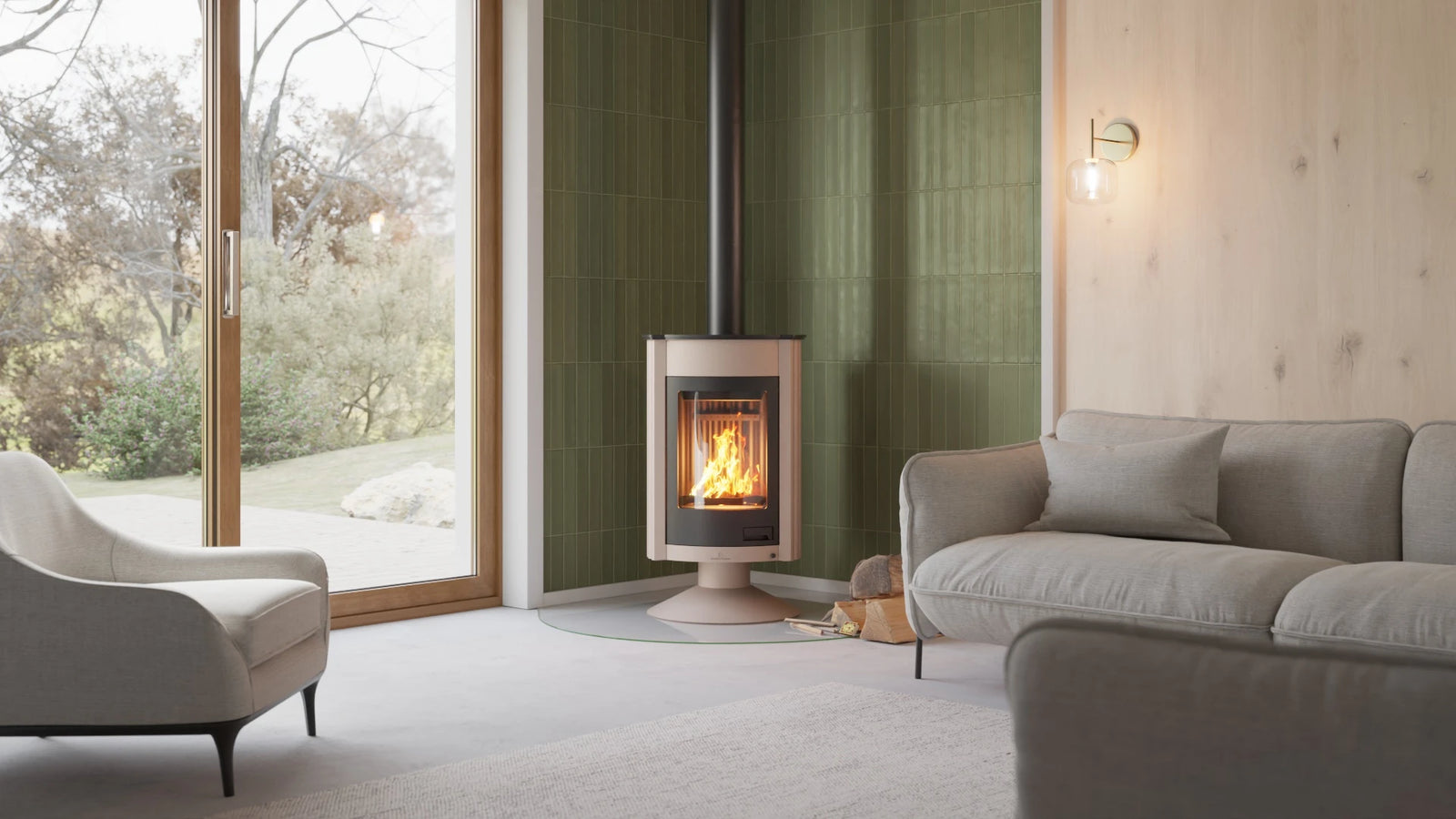 HS Flamingo Masterflamme Medie houtkachel in een moderne woonkamer