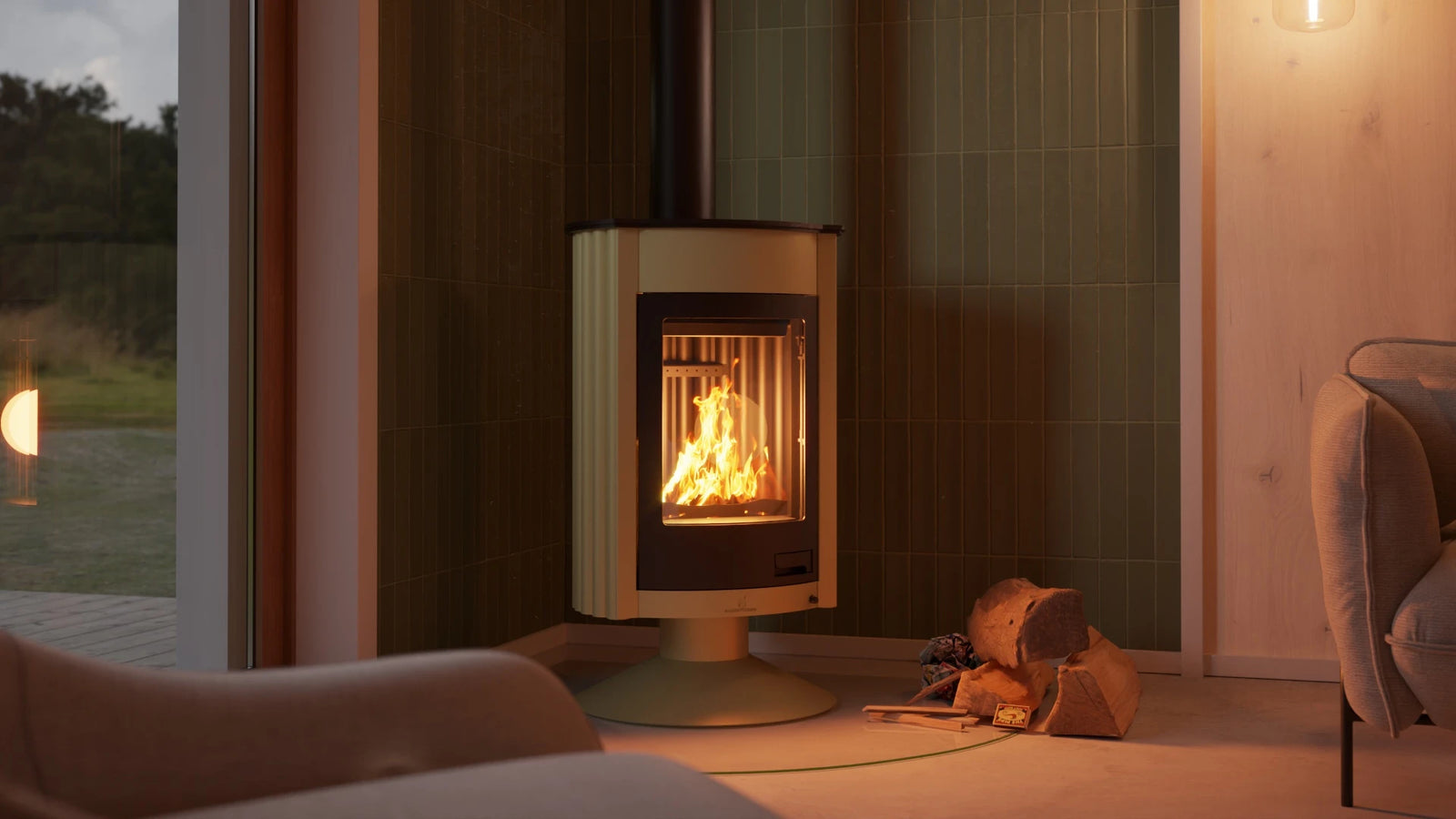 HS Flamingo Masterflamme Medie kachel in een woonkamer met brandend vuur