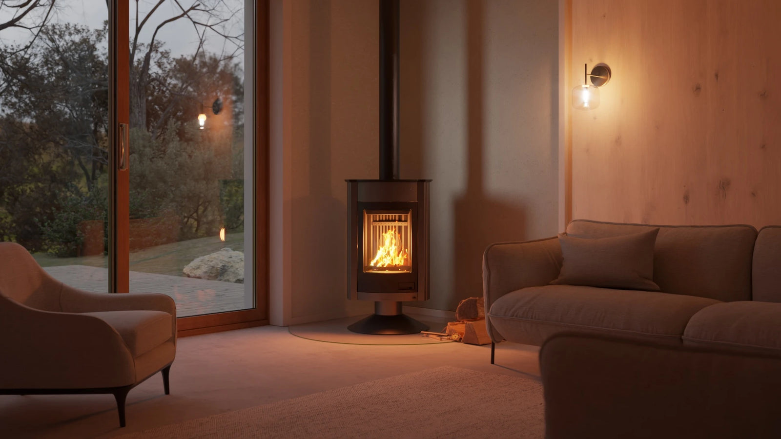 HS Flamingo Masterflamme Medie houtkachel in moderne woonkamer