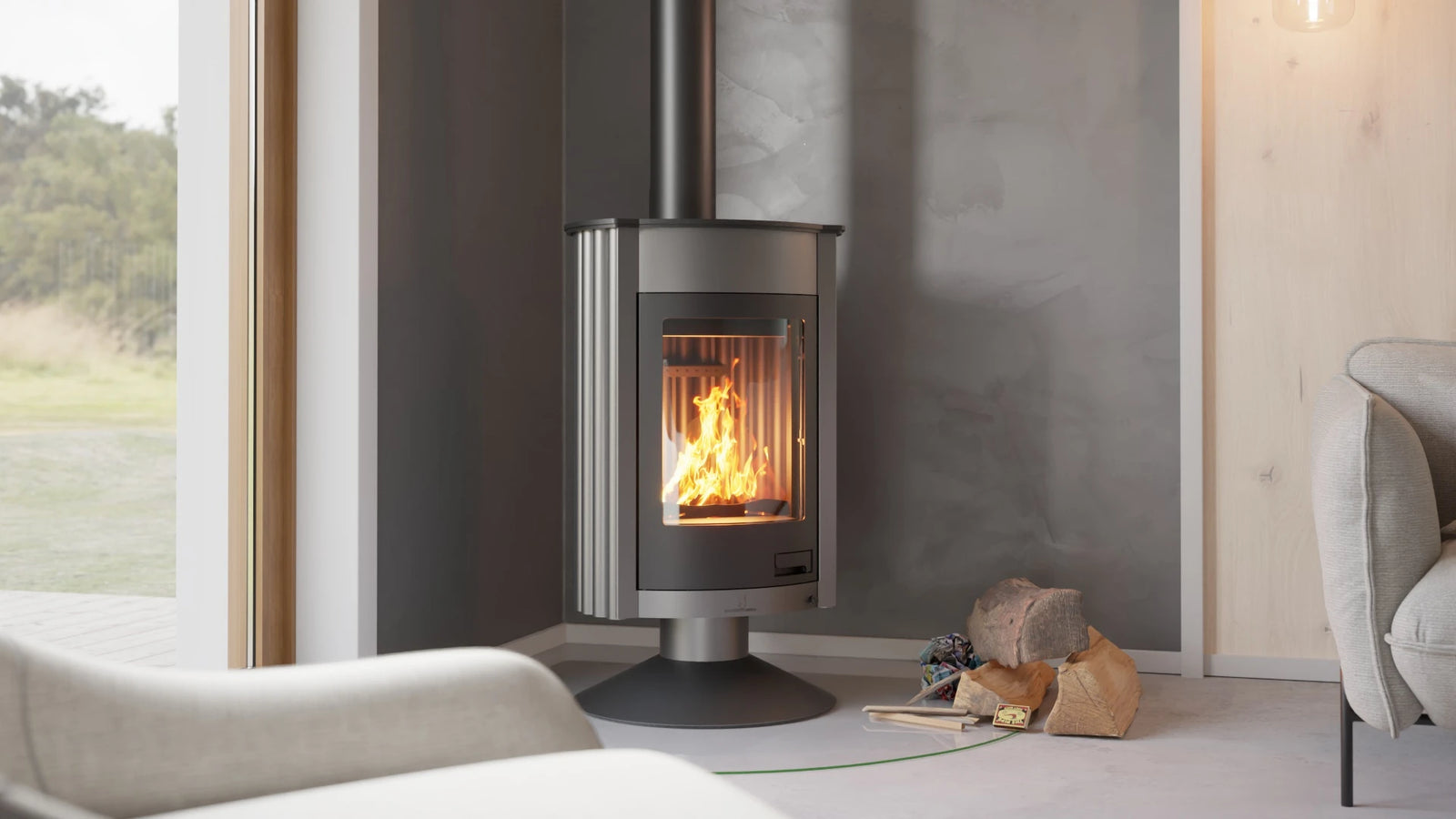 HS Flamingo Masterflamme Medie in moderne woonkamer met brandend vuur