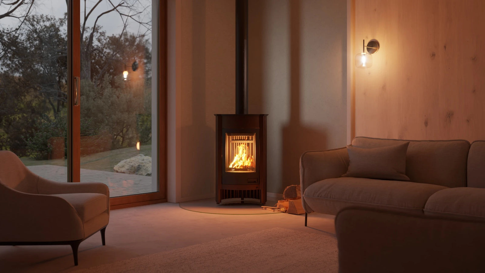 HS Flamingo Masterflamme Medie houtkachel in moderne woonkamer
