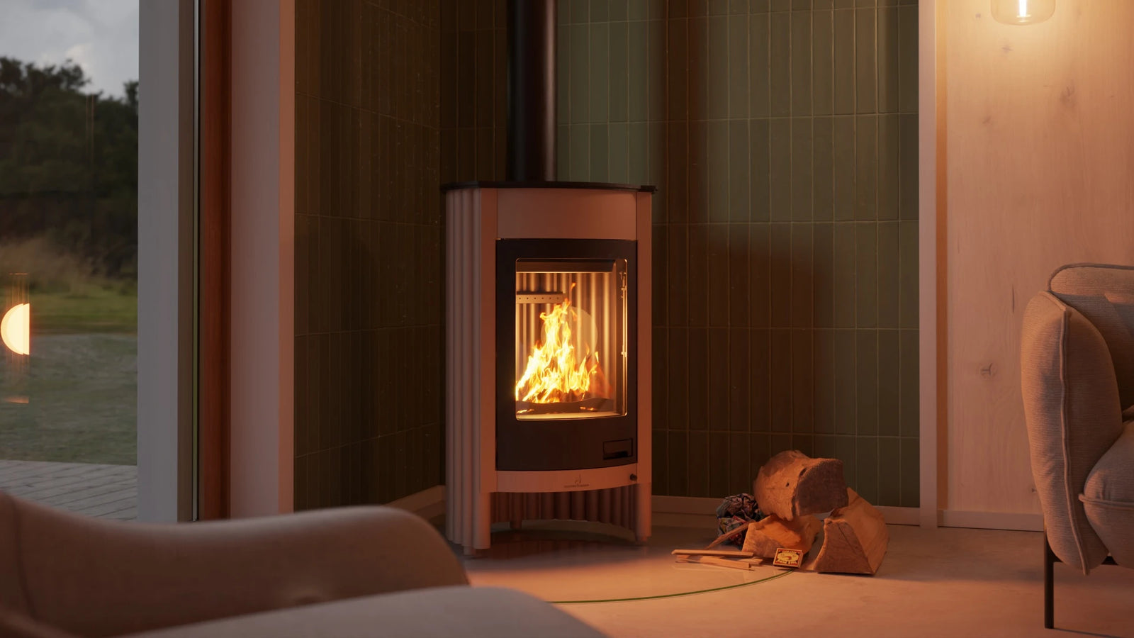 HS Flamingo Masterflamme Medie in moderne woonkamer met brandend houtvuur