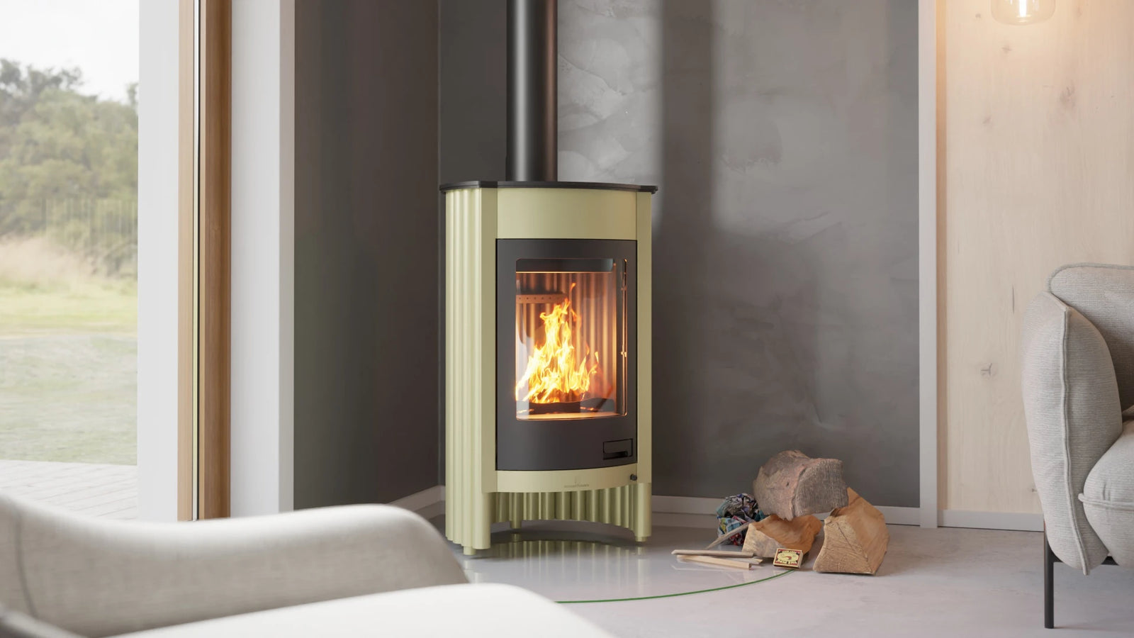 HS Flamingo Masterflamme Medie in woonkamer met brandend vuur