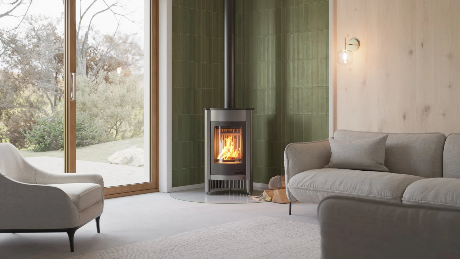 HS Flamingo Masterflamme Medie houtkachel in moderne woonkamer