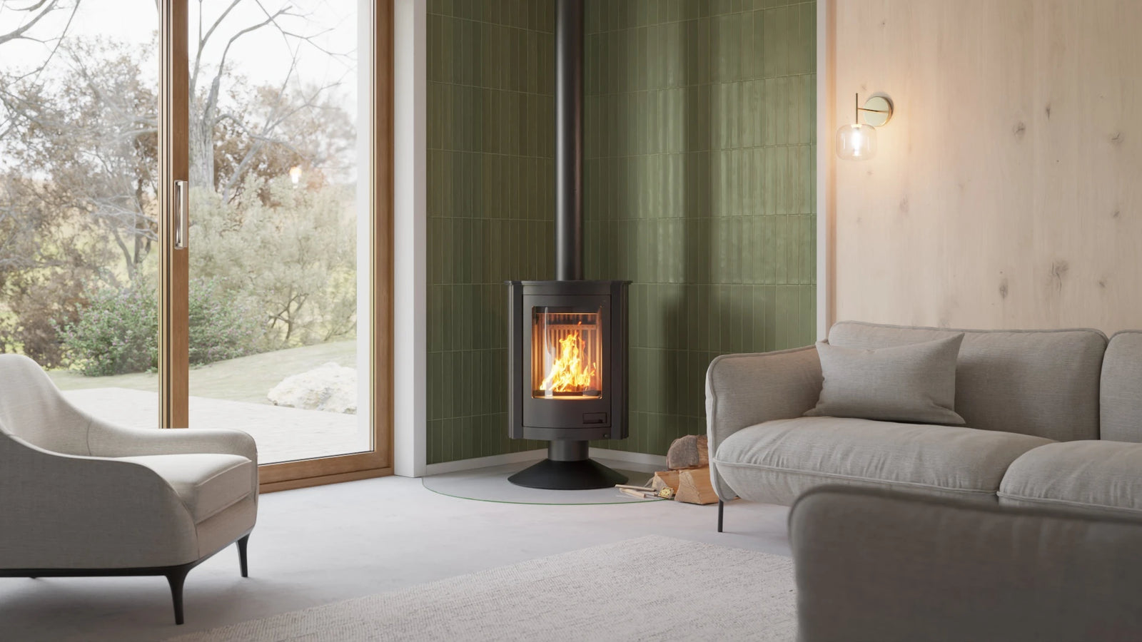 HS Flamingo Masterflamme Piccolo in moderne woonkamer met brandend vuur