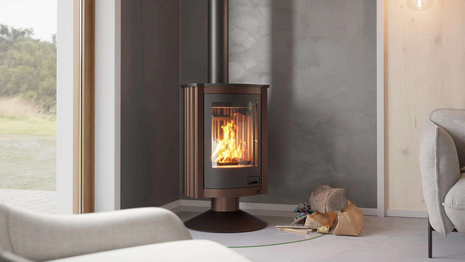 HS Flamingo Masterflamme Piccolo in moderne woonkamer met brandend vuur