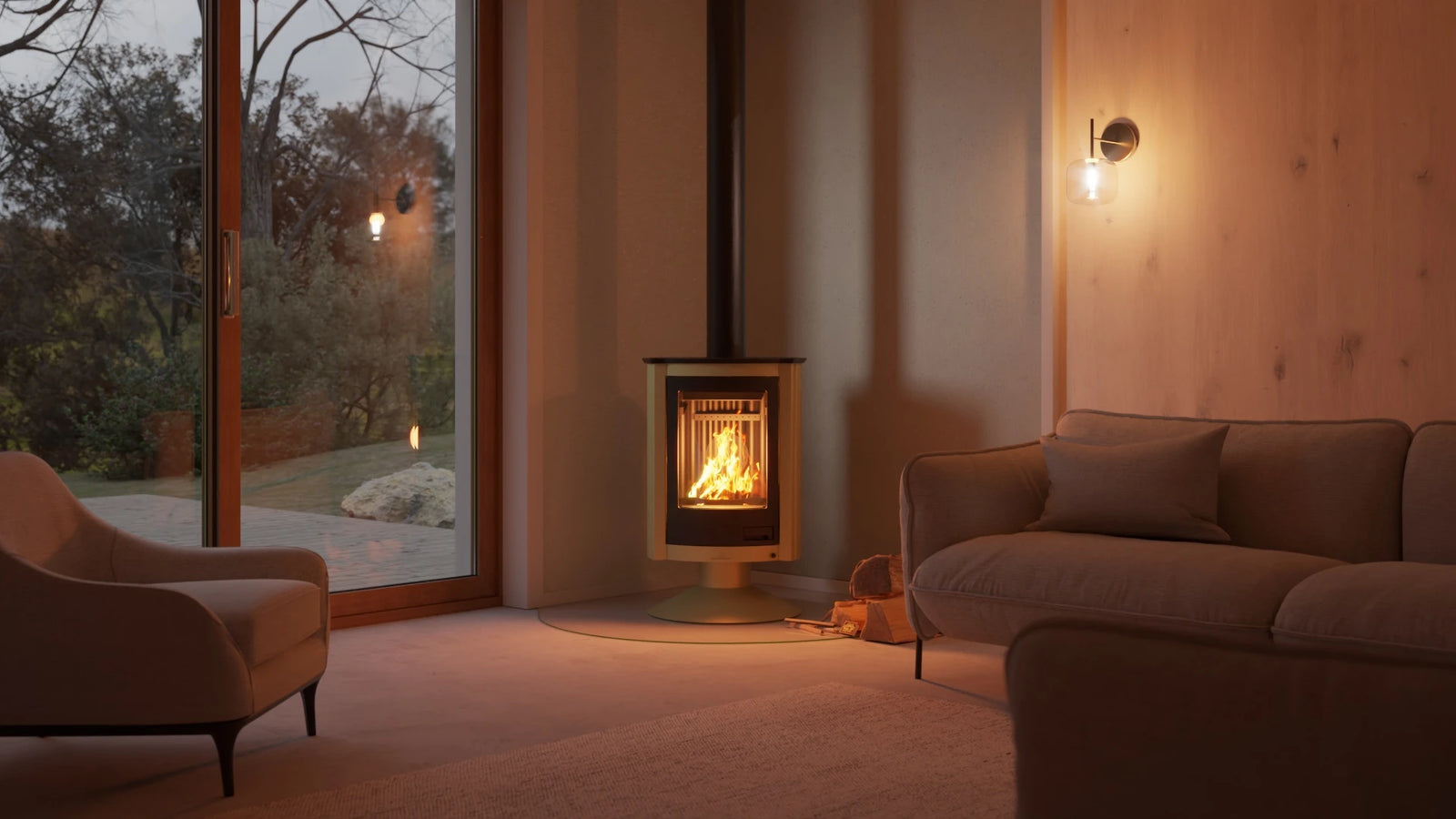 HS Flamingo Masterflamme Piccolo in moderne woonkamer met brandend vuur