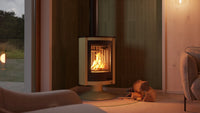 HS Flamingo Masterflamme Piccolo in woonkamer met brandend vuur