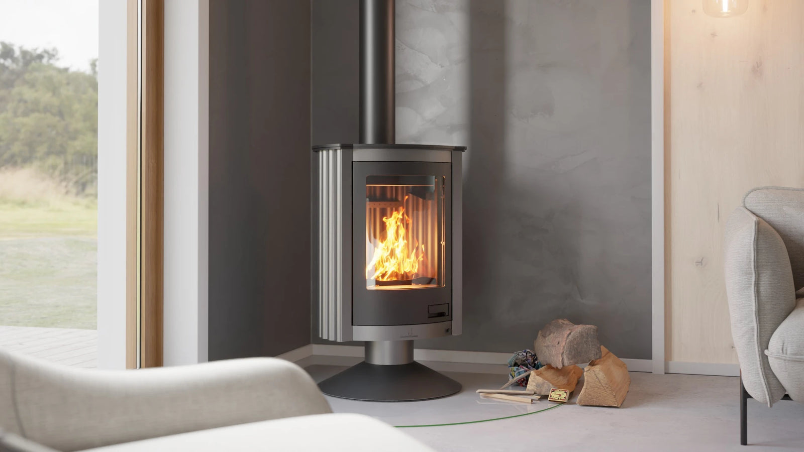 HS Flamingo Masterflamme Piccolo kachel in moderne woonkamer met brandend vuur