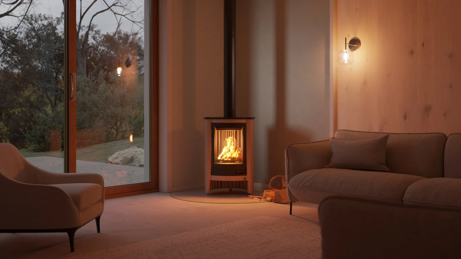 HS Flamingo Masterflamme Piccolo houtkachel in moderne woonkamer bij schuifpui