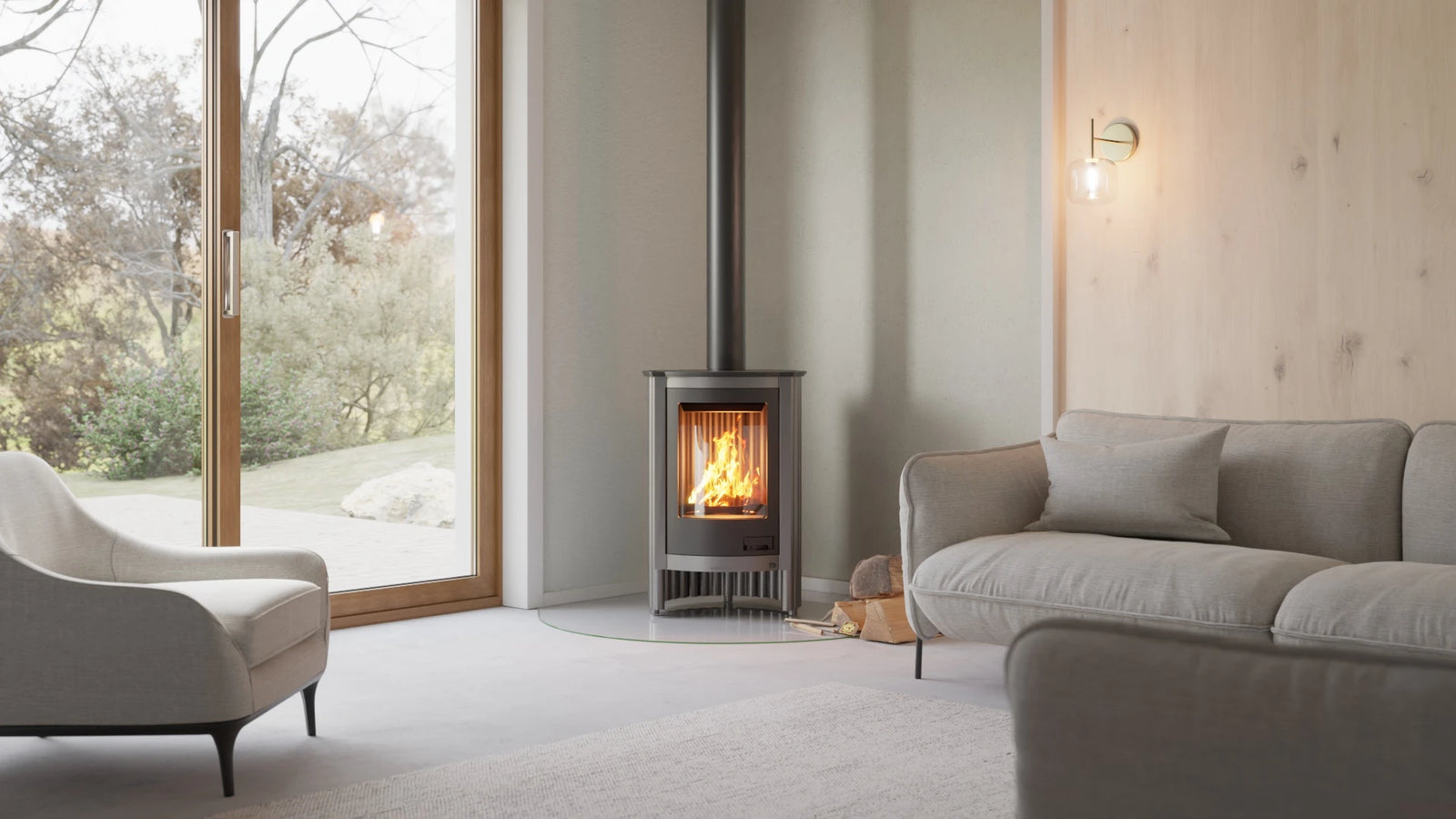 HS Flamingo Masterflamme Piccolo houtkachel in een moderne woonkamer