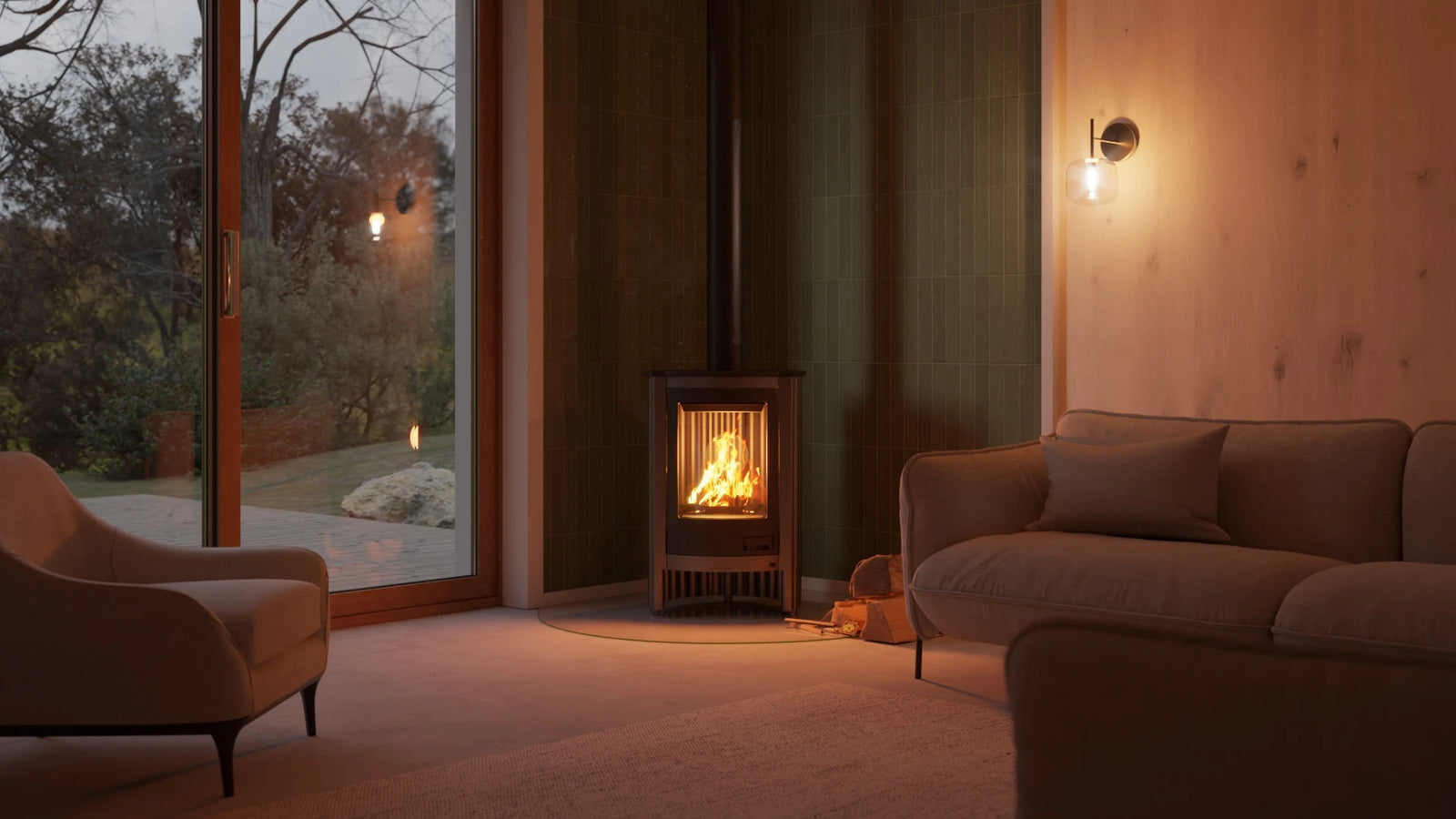 HS Flamingo Masterflamme Piccolo in moderne woonkamer met brandend vuur