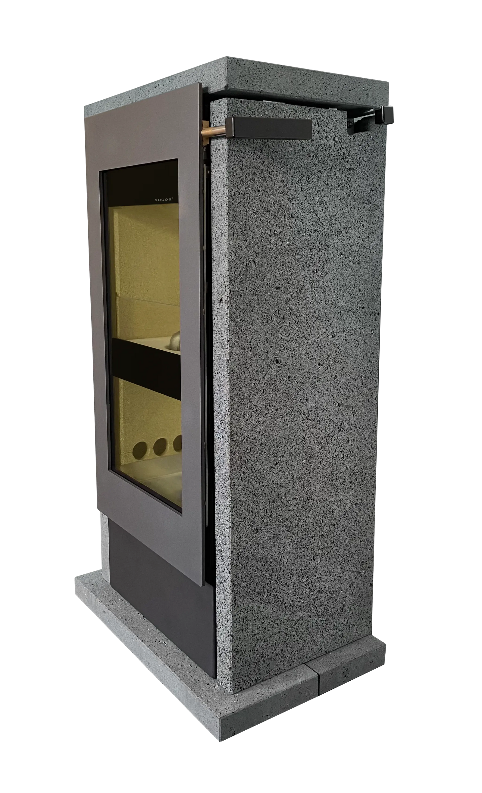 Xeoos Patagonia x8 houtkachel met stenen bekleding, studio-opstelling