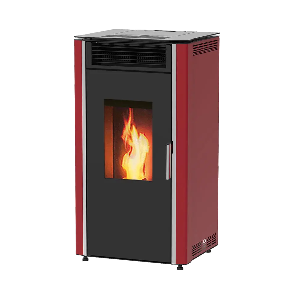 Alfa Plam Luca 12 pelletkachel met rood-zwarte behuizing en zichtbare vlam