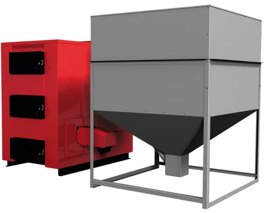 Klimosz Maxi Pellet 100 pelletketel met grijze silo en rood toestel