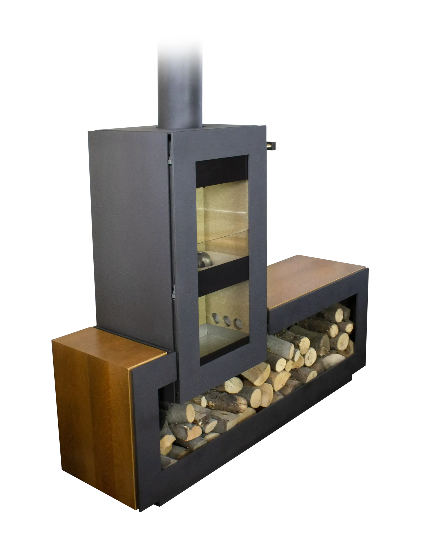 Xeoos Matten x8 houtkachel met houtopslag en glazen deur