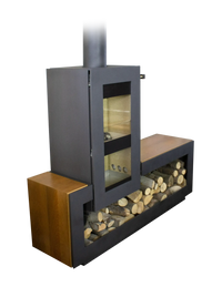 Xeoos Matten x8 houtkachel met houtopslag en glazen deur