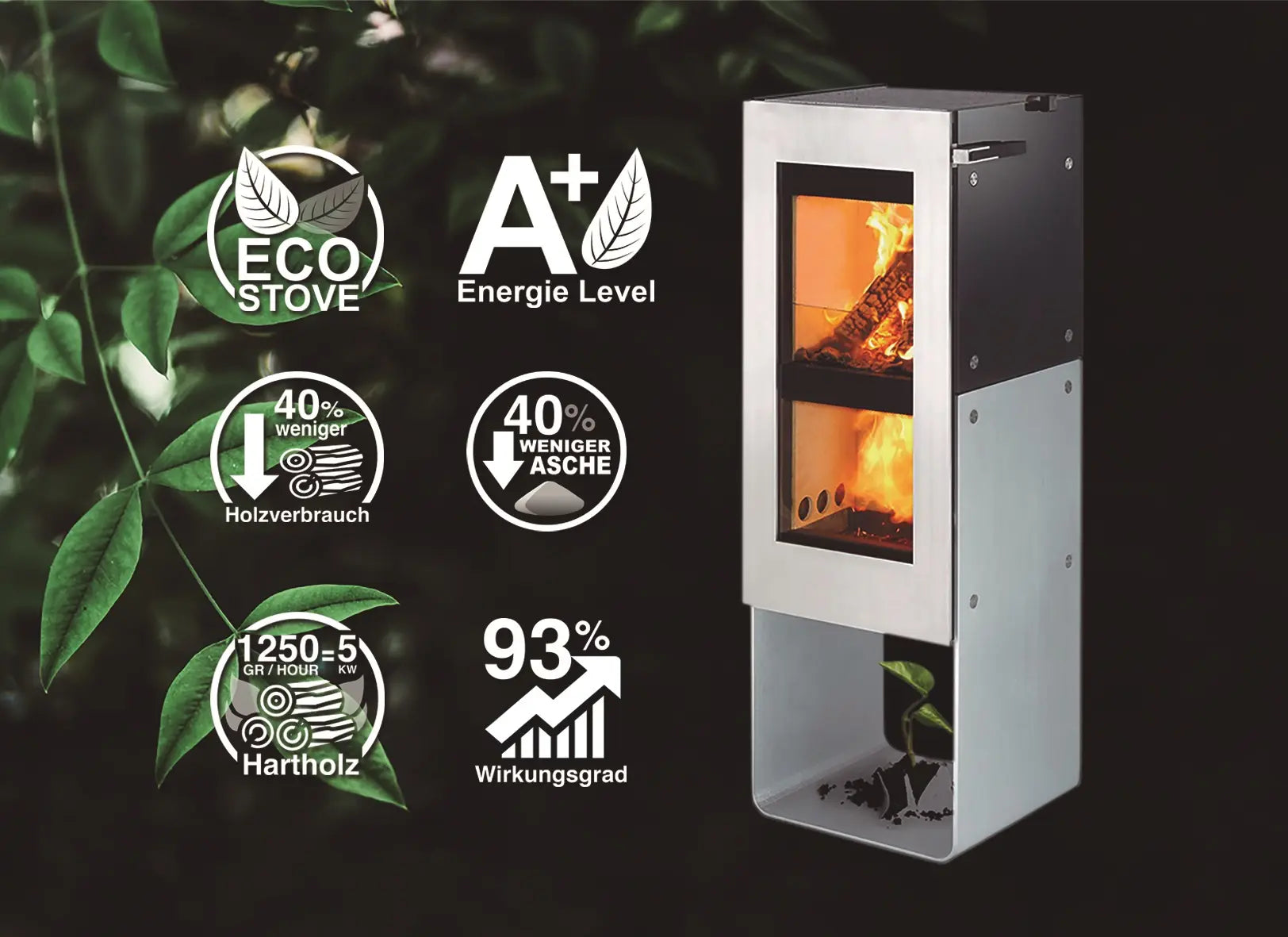 Xeoos Pur x8 All Black houtkachel met energielabel A+ en eco-vriendelijke kenmerken op groene achtergrond.