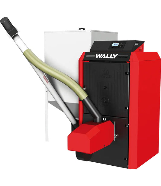 Klimosz Unipelet 4S pelletkachel met rode behuizing en witte tank