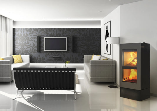Xeoos Patagonia x8 houtkachel in moderne woonkamer met brandend vuur