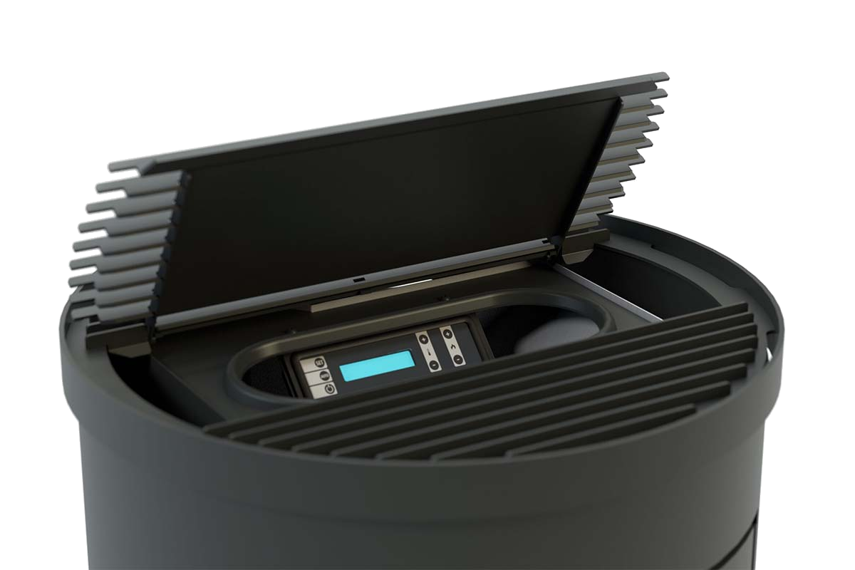 Duroflame Abel RC pelletkachel met open bovenklep op witte achtergrond