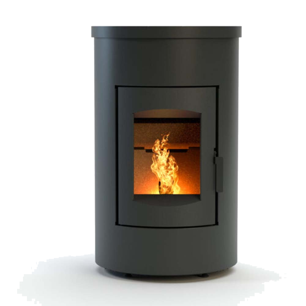 Duroflame Abel Large RC pelletkachel op witte achtergrond met zichtbare vlammen