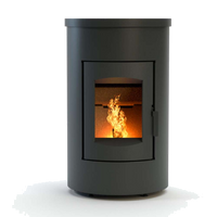 Duroflame Abel Large RC pelletkachel op witte achtergrond met zichtbare vlammen