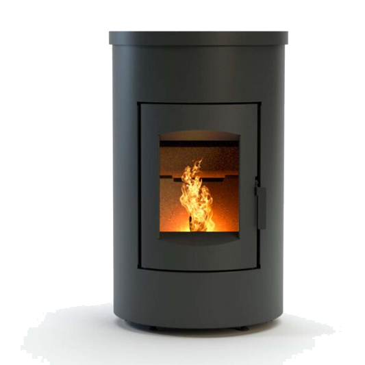 Duroflame Abel Large RC pelletkachel op witte achtergrond met zichtbare vlammen