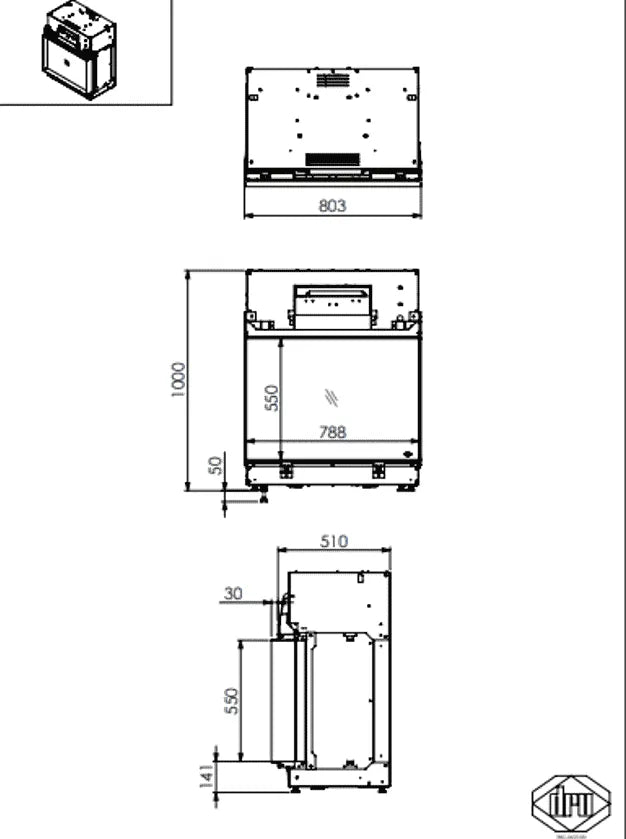 Technische tekening van DRU Virtuo 75 met afmetingen en aanzichten van verschillende zijden.