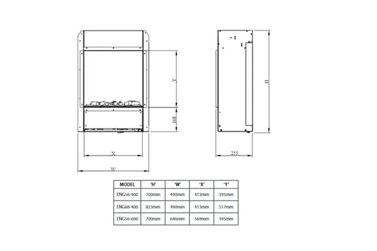 Technische tekening van Dimplex Engine 56-600 MB elektrische haard met afmetingen en specificaties.