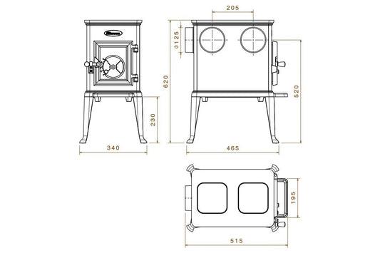 Technische tekening van de Dovre 100CBS/B houtkachel met afmetingen in millimeters.